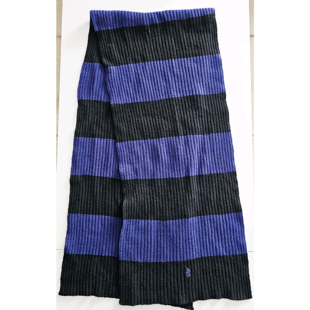 POLO RALPH LAUREN Scarf Lambswool Striped Black And Blue 66 x 15 in Unisex